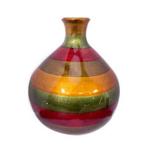 9" X 9" X 10" Green Red Brown Copper Ceramic Lacquered Striped Bottle Bud Vase