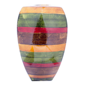 10" X 7" X 18" Green Red Brown Copper Ceramic Lacquered Striped Large Tapered Modern Vase