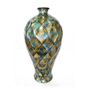 11" X 11" X 20" Green Gold Orange Ceramic Foiled & Lacquered Faceted Plum Vase