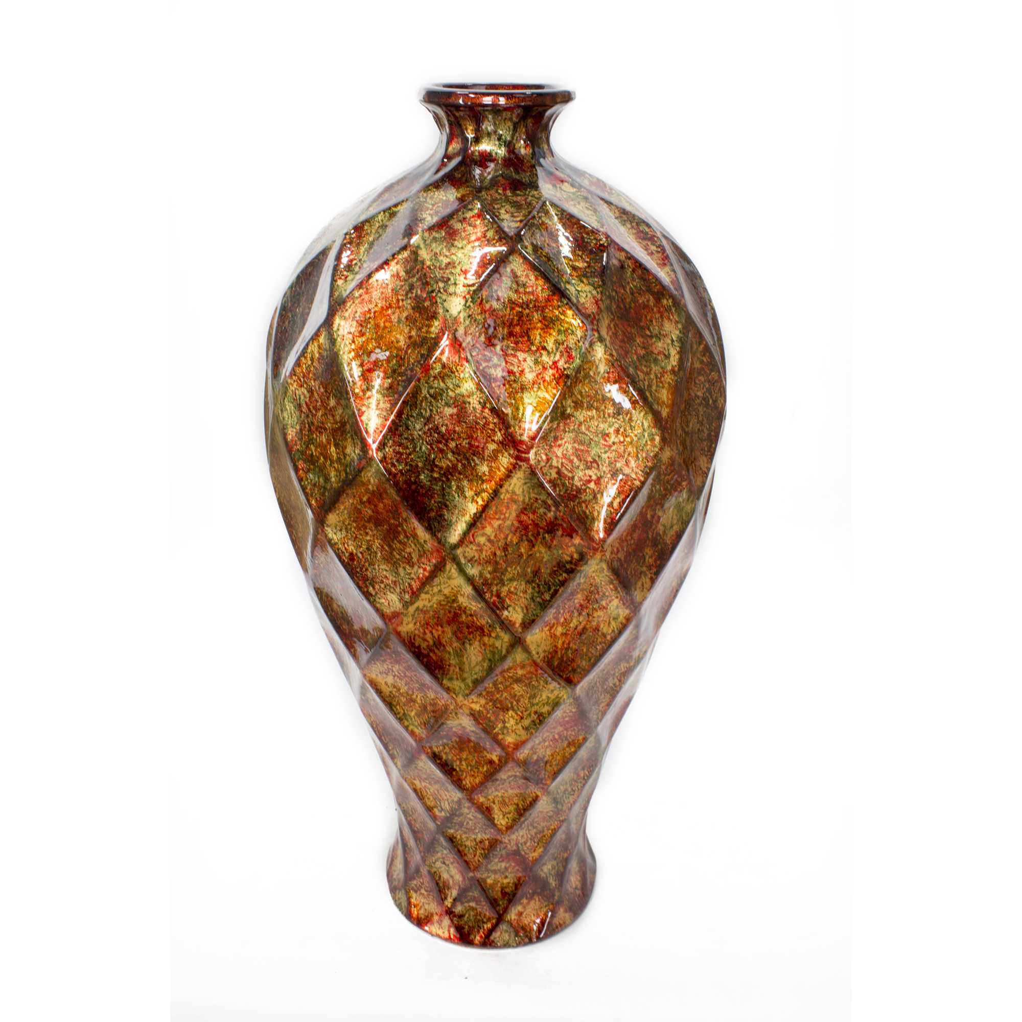 11" X 11" X 20" Brown Orange Red Green Ceramic Foiled & Lacquered Faceted Plum Vase