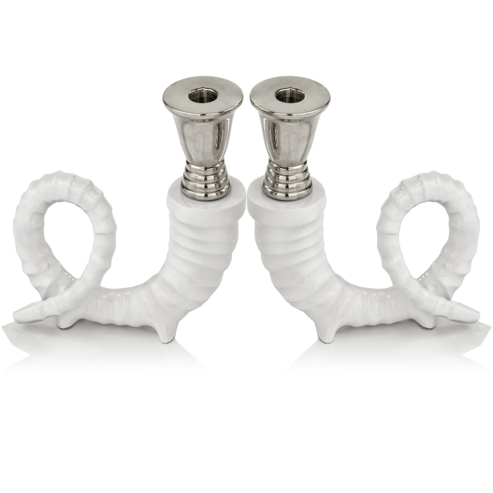 6.5" x 6.5" x 7.5" Shiny Nickel/White - Candleholders Pair