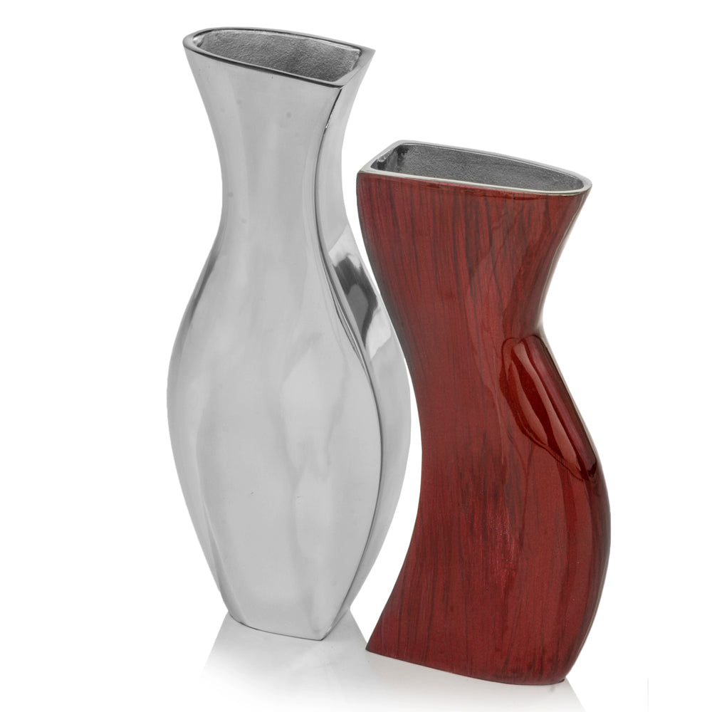 2" x 4" x 11" Red Glaze & Silver - Vases Set of 2