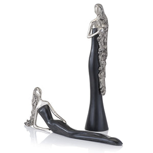 3.5" x 3.5" x 18.5" Black & Silver, Curly Long Hair -  Standing/Reclining Lady