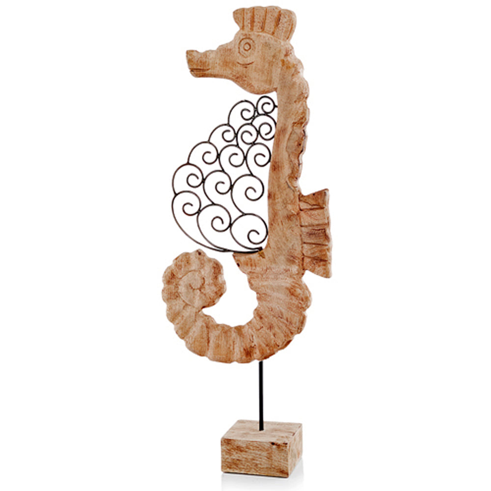 6" x 12.5" x 33" Natural & Black, Iron Scroll, Wood -  Seahorse on Stand