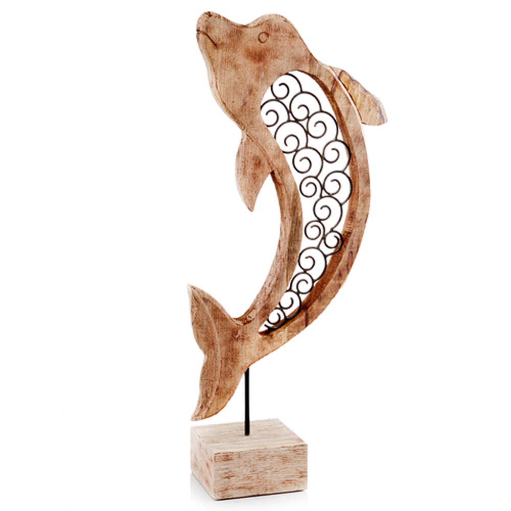 4" x 13" x 30" Natural & Black, Iron Scroll, Wood - Dolphin on Stand