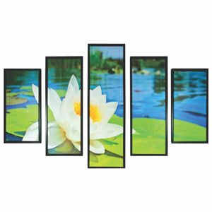 5 Piece Wood Wall Decor with Lotus Flower and Lake Imprint,Multicolor