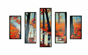 5 Piece Wooden Wall Decor with Maple Tree in Autumn Sketch, Multicolor