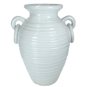 Decorative Urn Shaped Ceramic Pot with Ring Handles, Medium, White