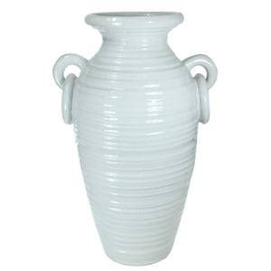 Decorative Urn Shaped Ceramic Pot with Ring Handles, Large, White