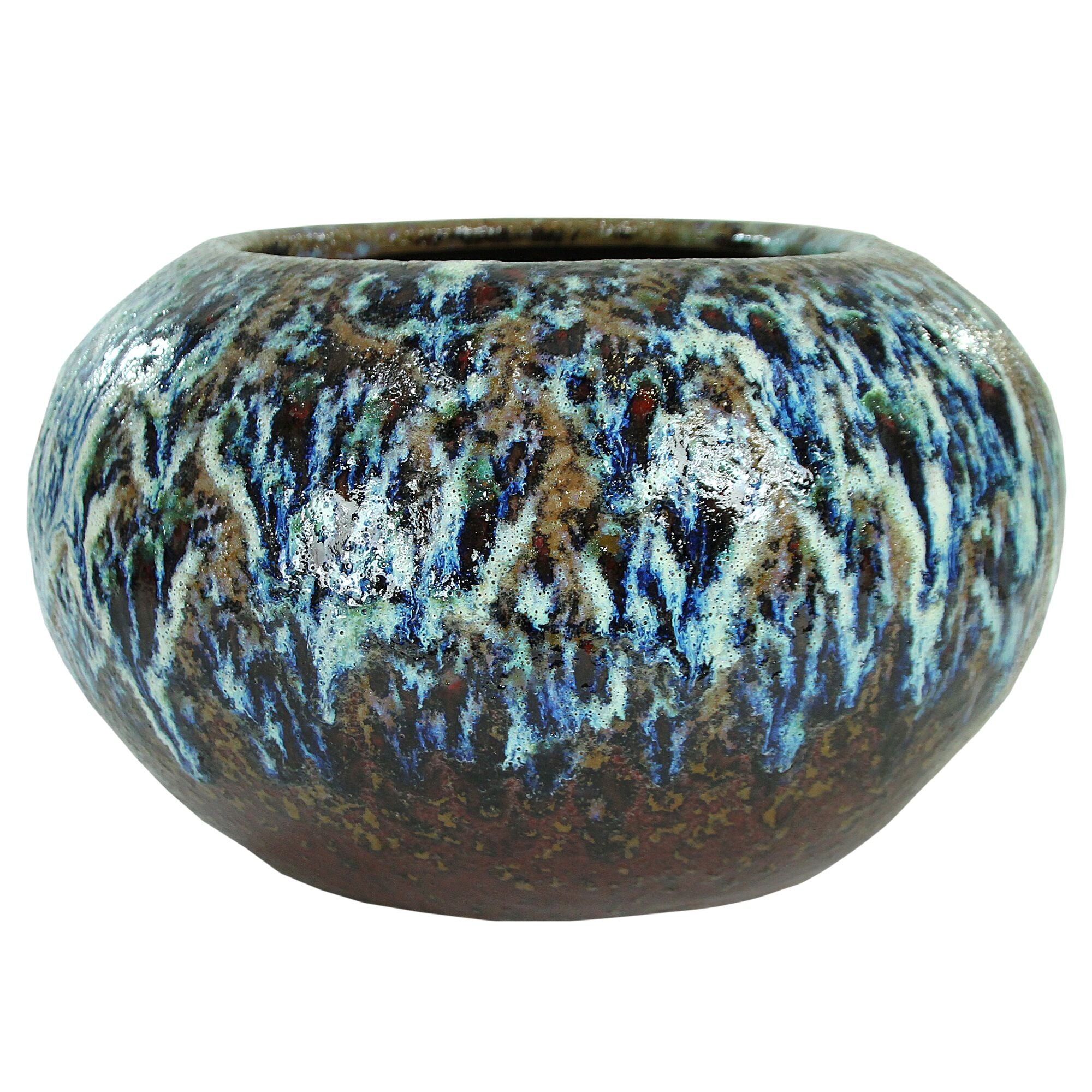 Decorative Bellied Ceramic Pot with Distressed Details, Brown and Blue