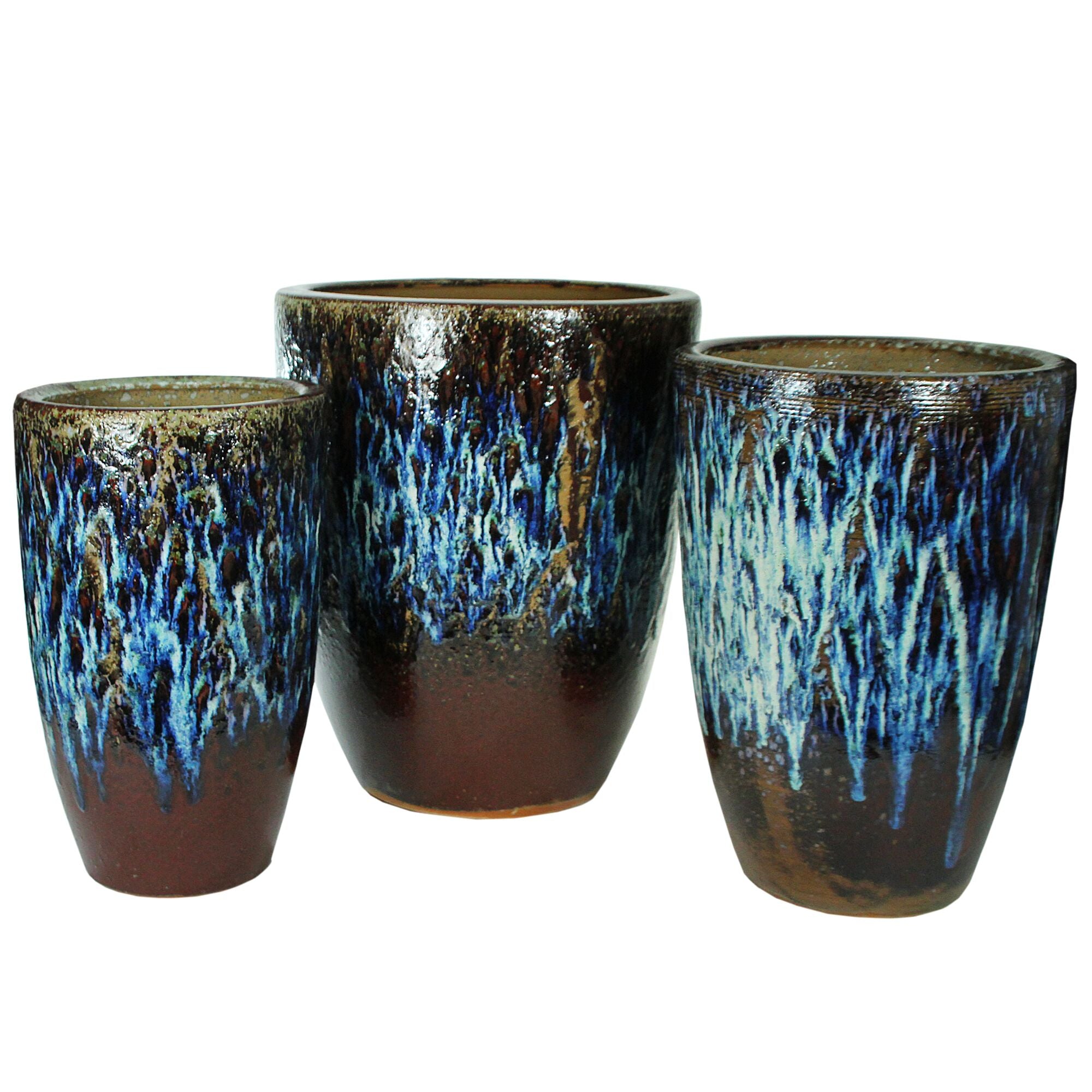 3 Piece Round Ceramic Pot with Distressed Details, Blue and Brown