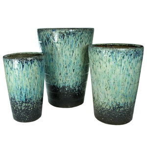 3 Piece Distressed Ceramic Pots with Tapered Bottom, Blue and White