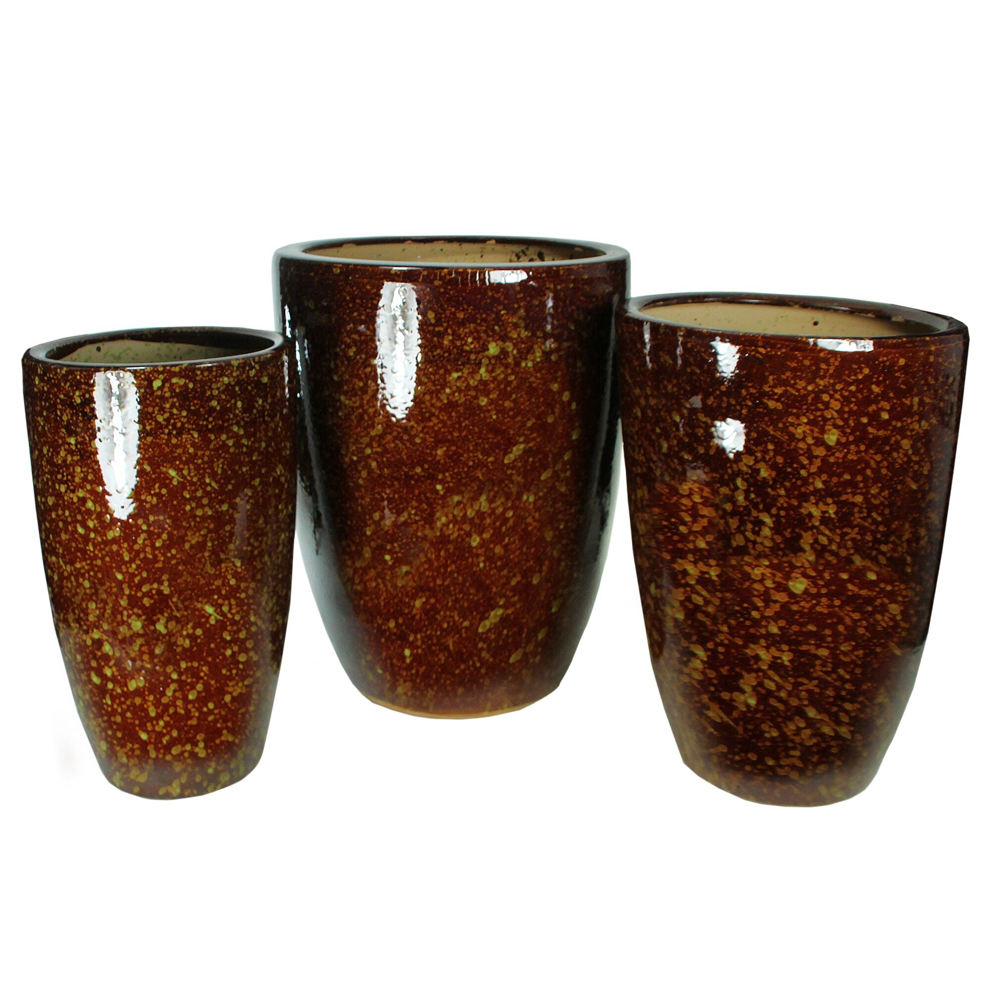 3 Piece Contemporary Style Round Glazed Ceramic Pot, Brown