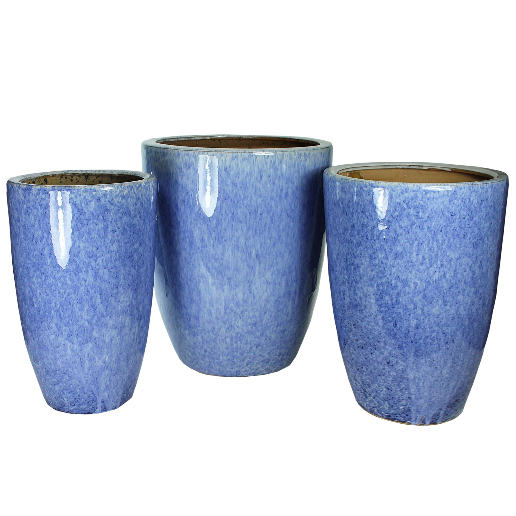 3 Piece Contemporary Style Round Ceramic Pot with Glazed Finish, Blue