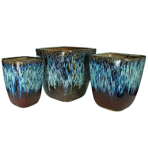 3 Piece Contemporary Style Ceramic Pot with Square Top, Brown and Blue