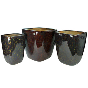 3 Piece Contemporary Style Ceramic Pot with Square Top, Brown