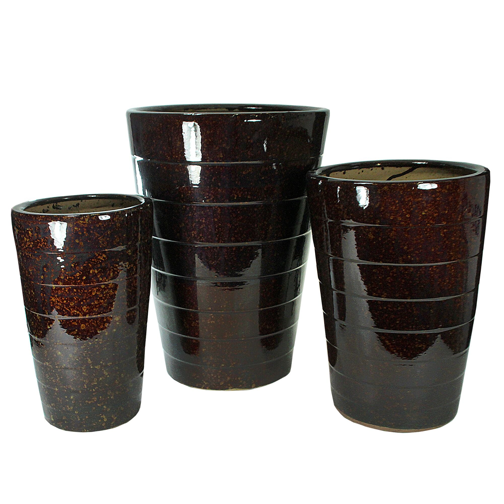 3 Piece Contemporary Ceramic Pots with Tapered Bottom, Brown