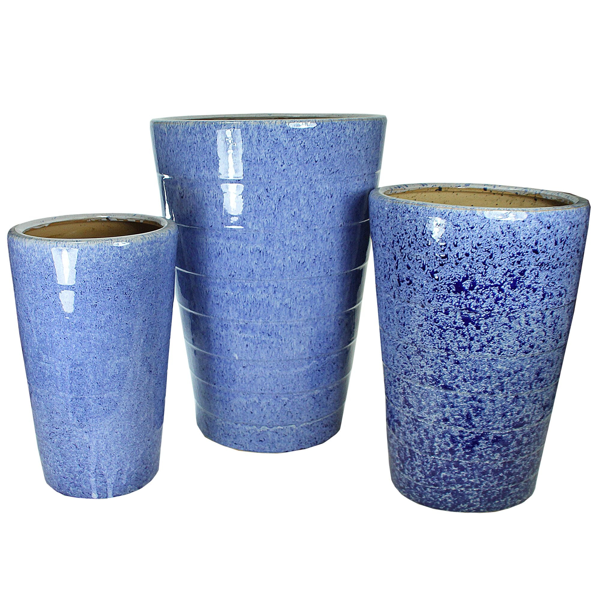 3 Piece Contemporary Ceramic Pots with Tapered Bottom, Blue