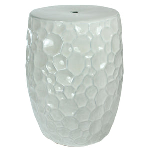 Decorative Ceramic Garden Stool with Honeycomb Designs, White