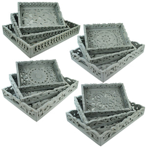 3 Piece Mirror Inset Tray Set with Wood Carvings,Assortment of 4,Gray