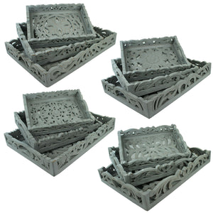 3 Piece Carved Wood Tray Set with Mirror Inset, Assortment of 4, Gray