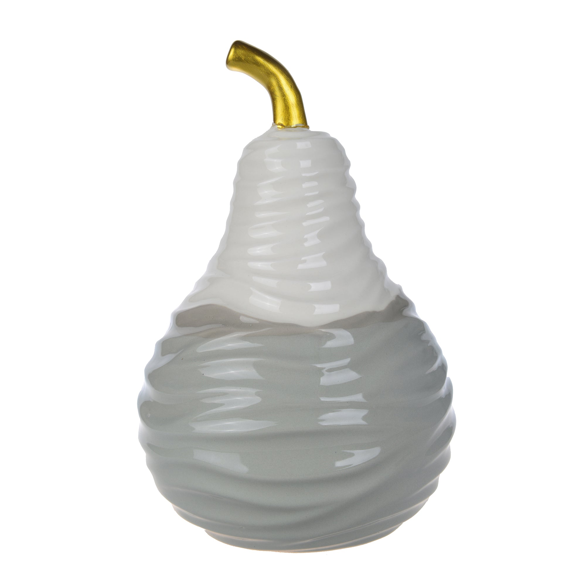 Ceramic Decorative Pear with Golden Stem, White and Gray