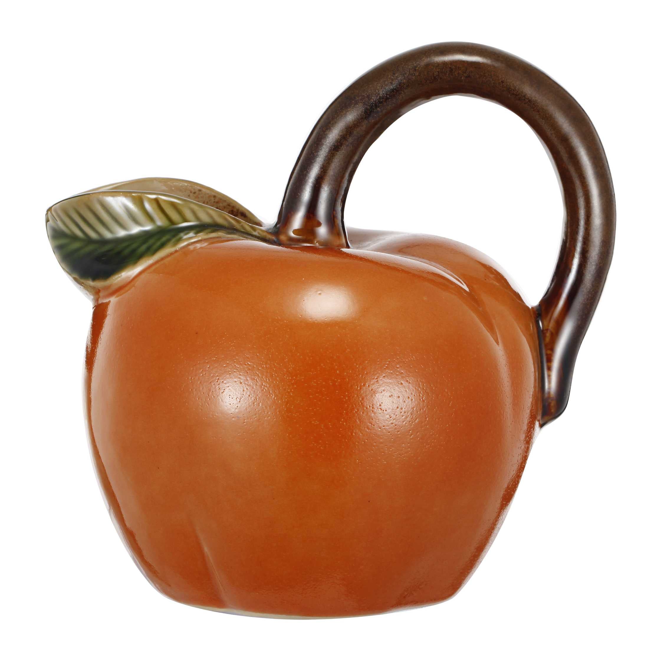 Ceramic Tomato Pitcher with Leaf Shaped Spout, Orange and Brown