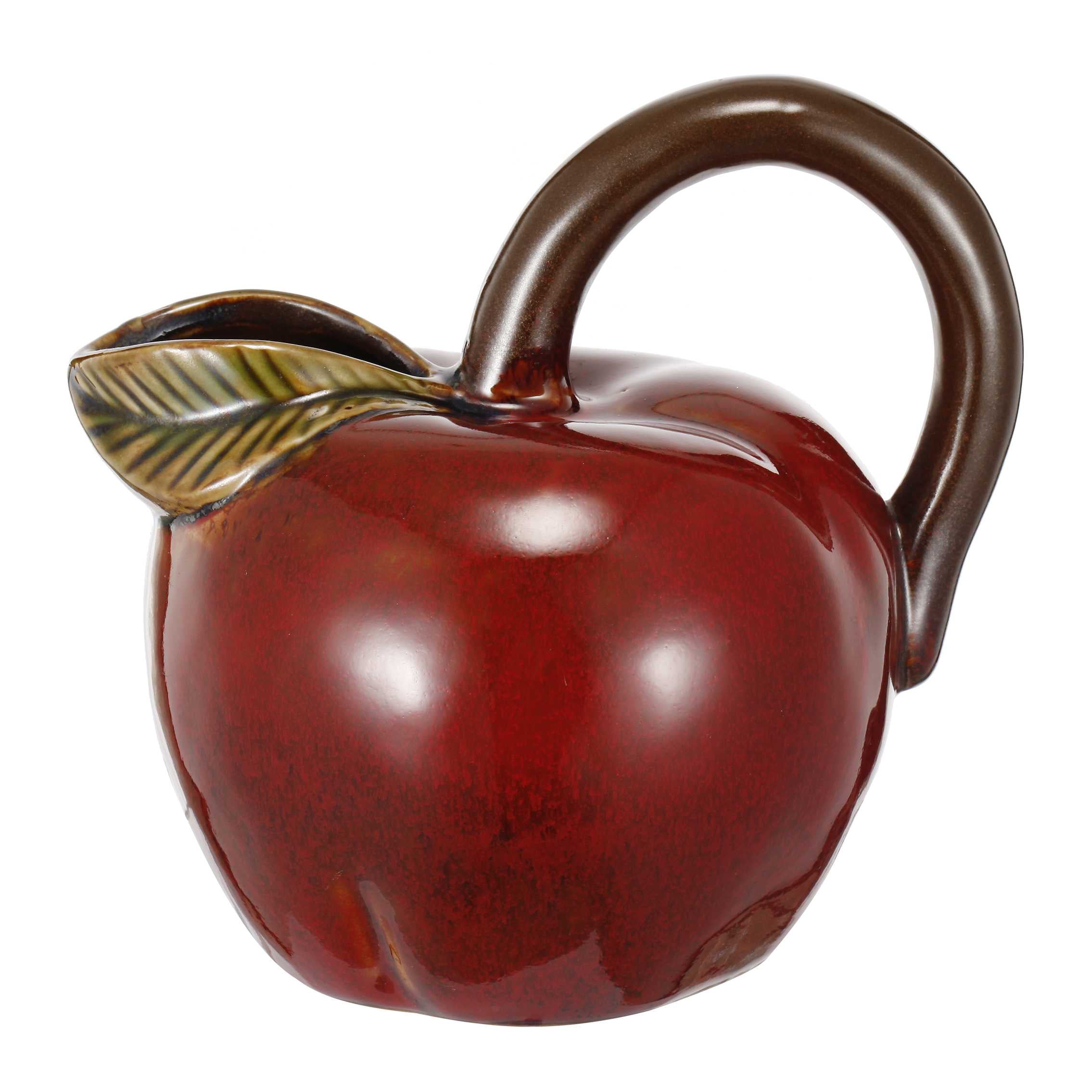 Ceramic Apple Pitcher with Leaf Shaped Spout, Red and Brown