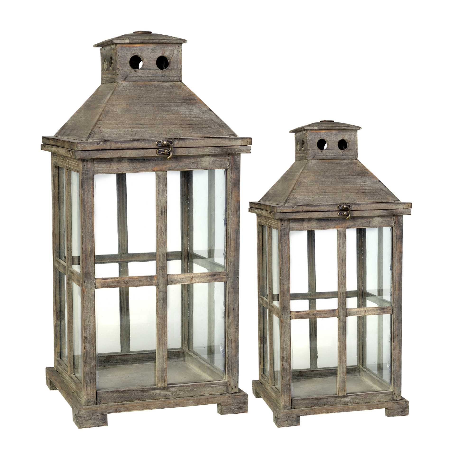 Square Temple Garden Wooden Lantern with Glass Panels, Brown, Set of 2