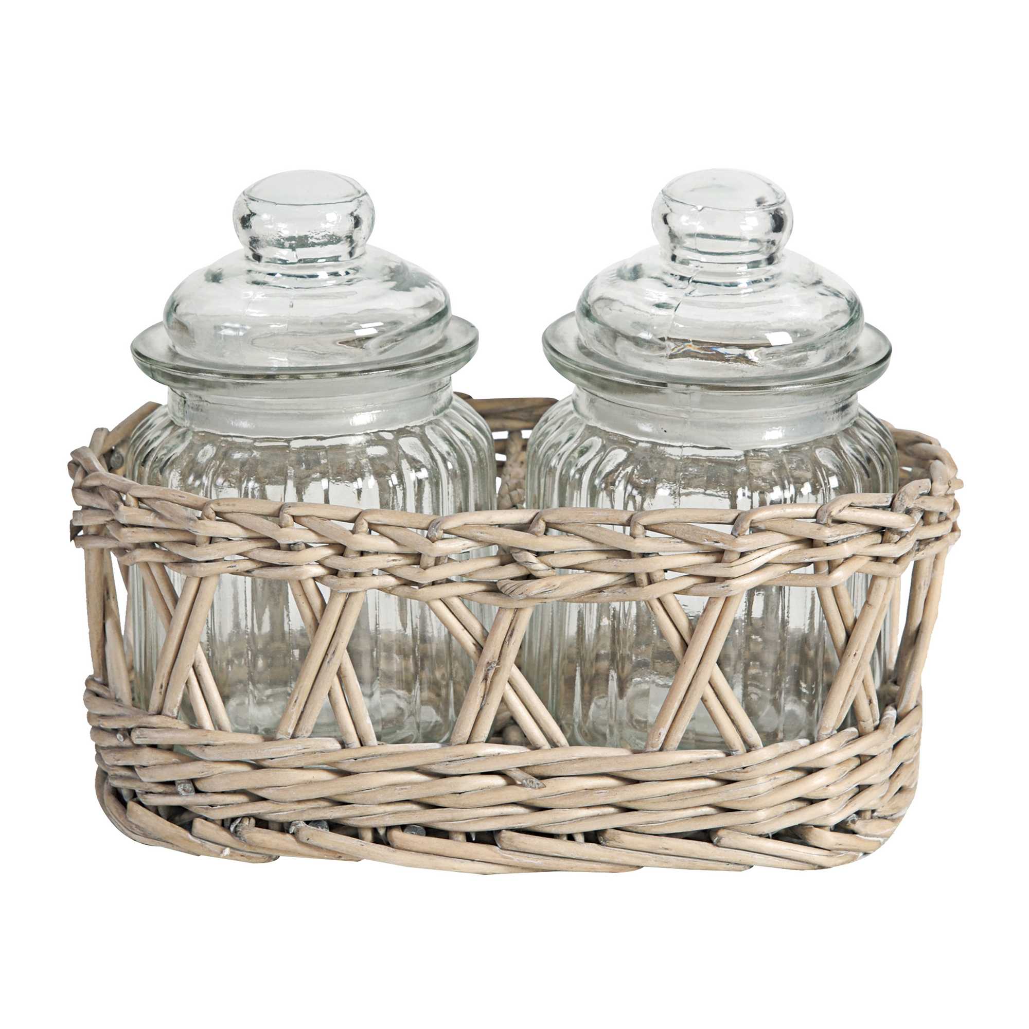 3 Piece Ribbed Pattern Glass Lidded Jar with Willow Basket, Brown