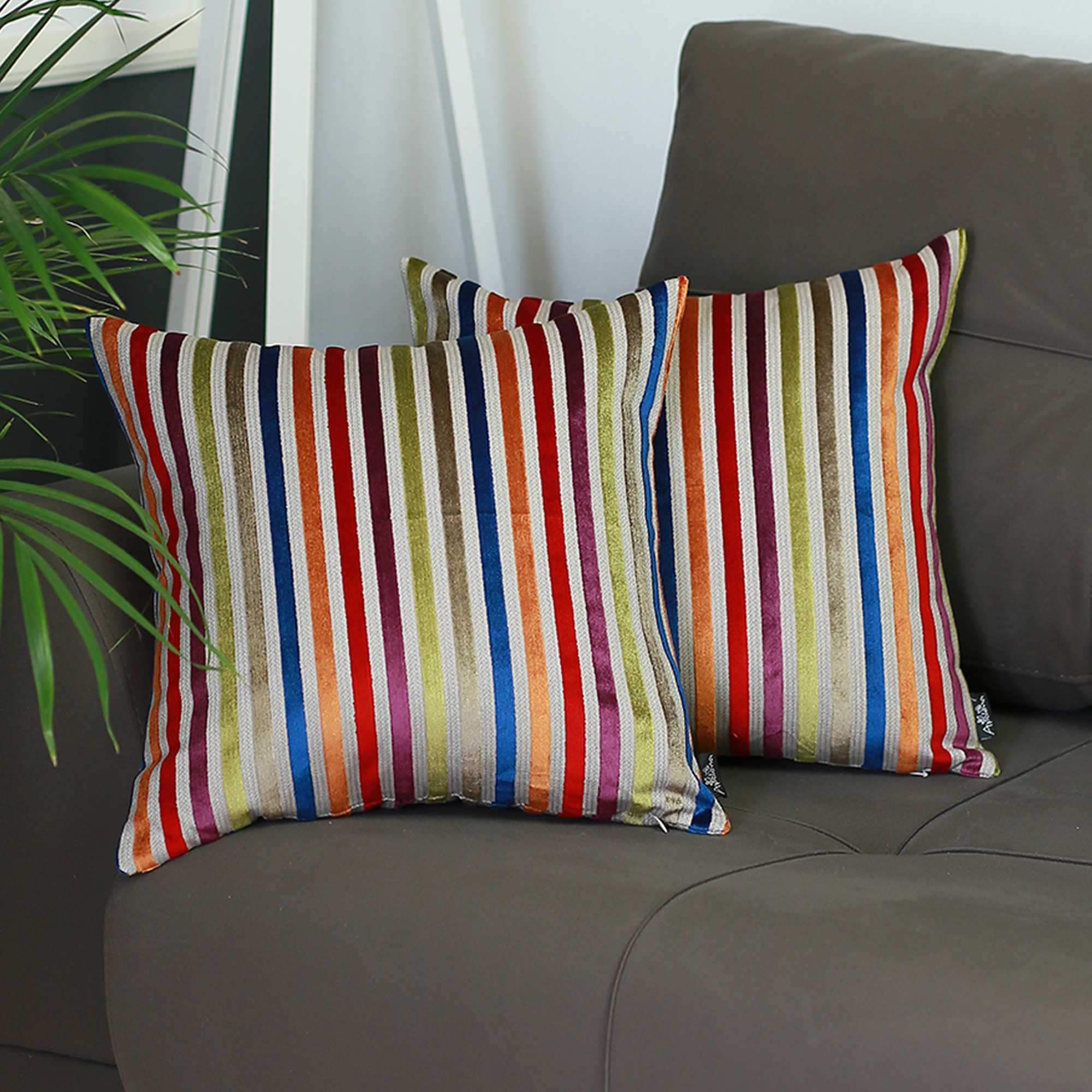 17"x17" Colored Velvet Lines Luxurious Throw Decorative Pillow Case Set of 2 pcs Square