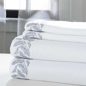 0.2" x 102" x 106" Cotton and Polyester White and Blue  4 Piece King Size Sheet Set