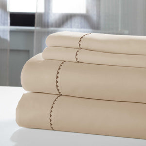 0.2" x 102" x 106" Cotton and Polyester Beige and Brown  4 Piece King Size Sheet Set