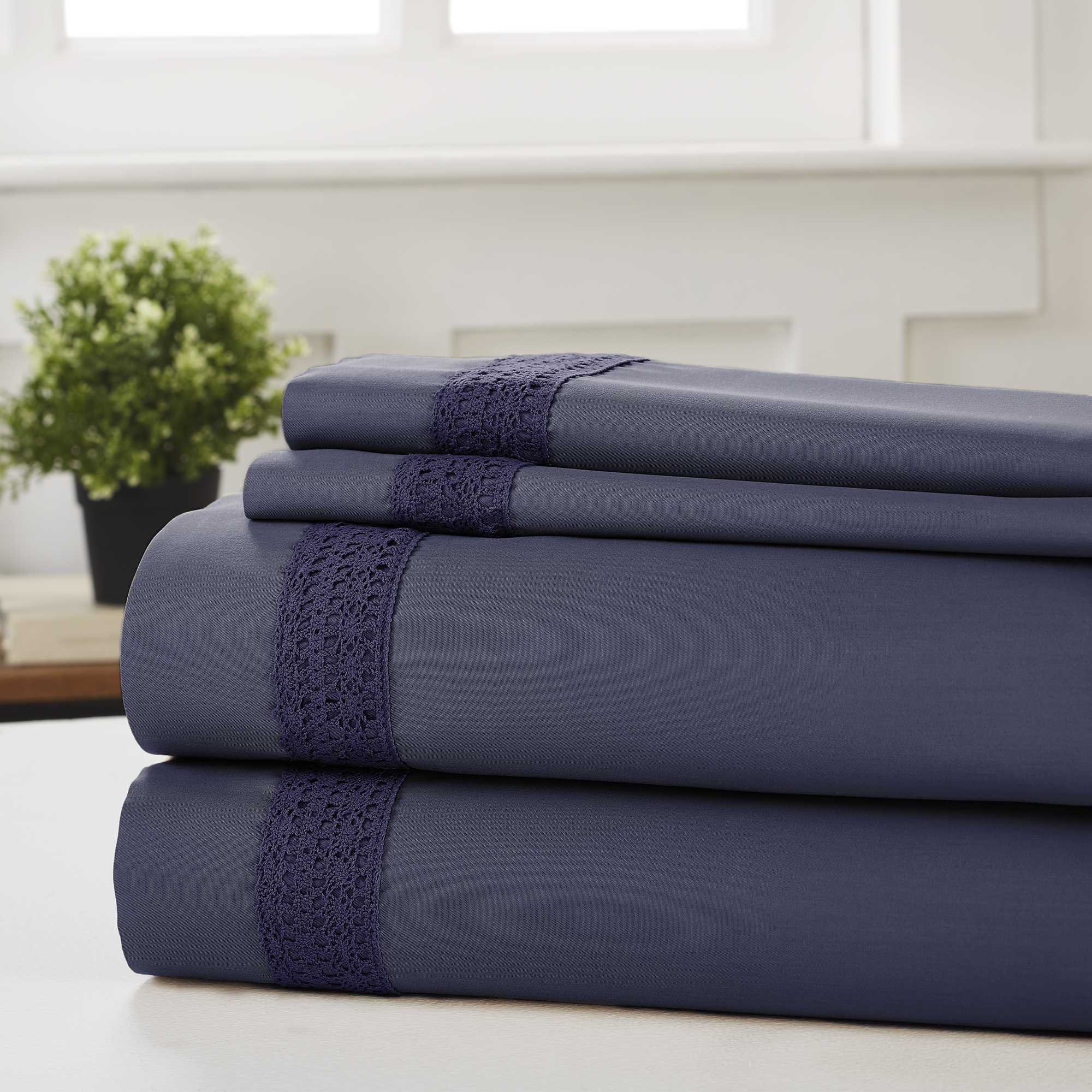 0.2" x 102" x 90" Cotton Blue  4 Piece Queen Size Sheet Set