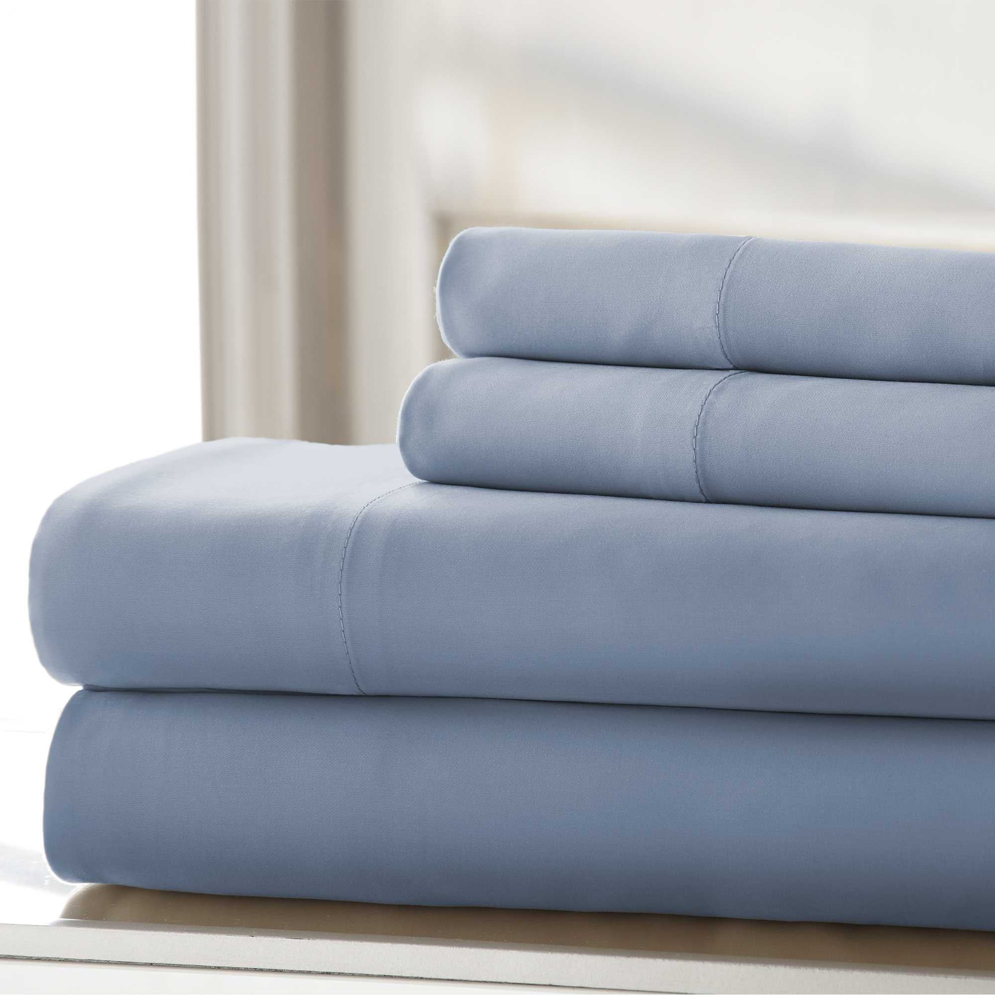 0.2" x 102" x 106" Cotton Blue  Wrinkle Free 4 Piece California King Size Sheet Set