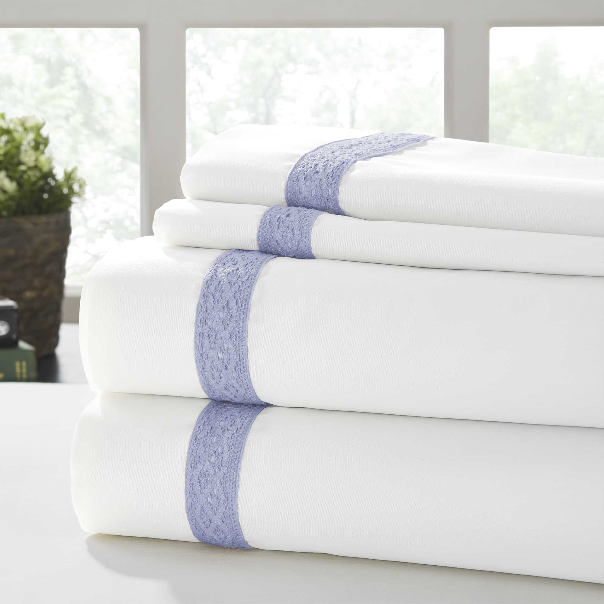 0.2" x 96" x 81" Cotton Blue and White  4 Piece Full Size Sheet Set