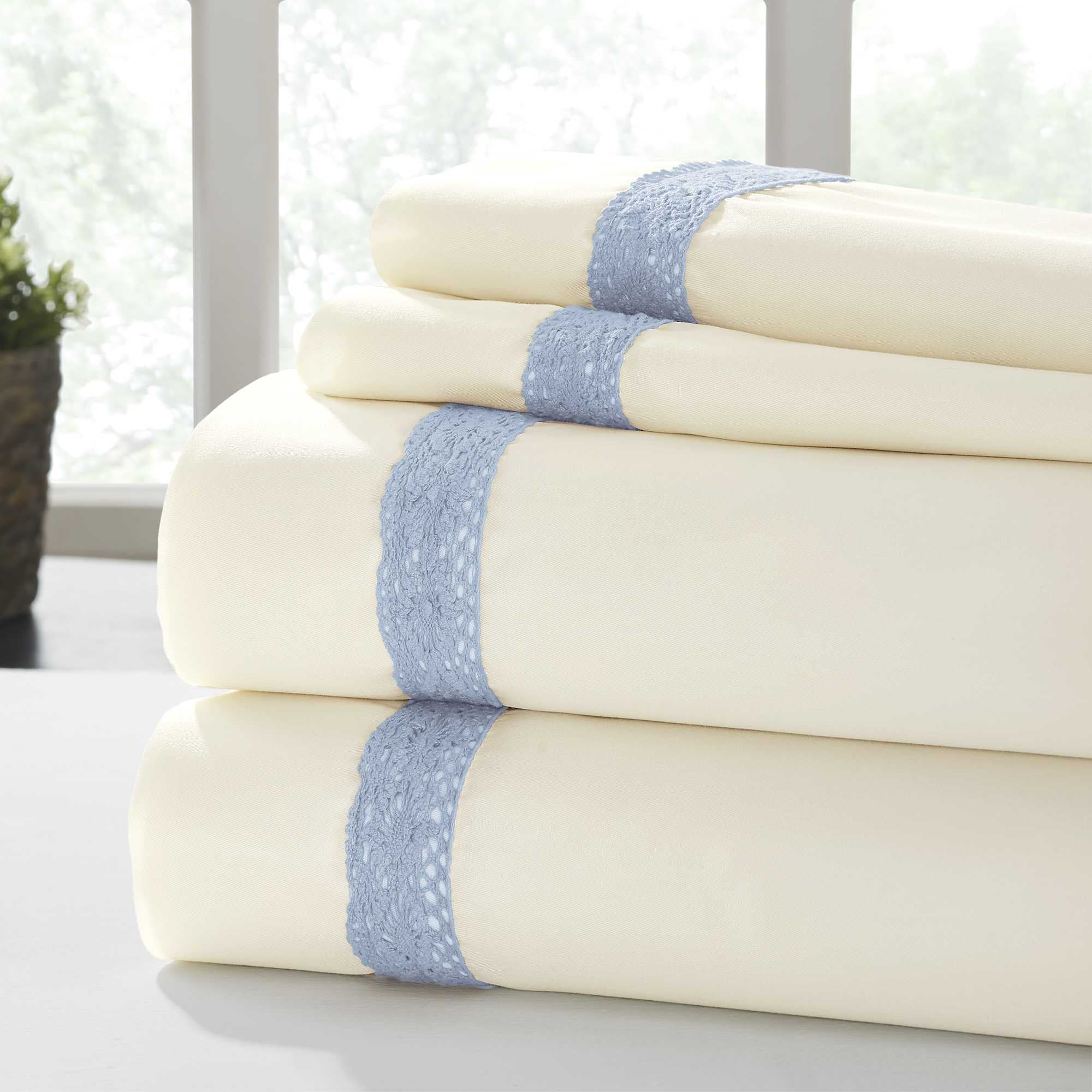 0.2" x 96" x 81" Cotton Cream and Blue  4 Piece Full Size Sheet Set