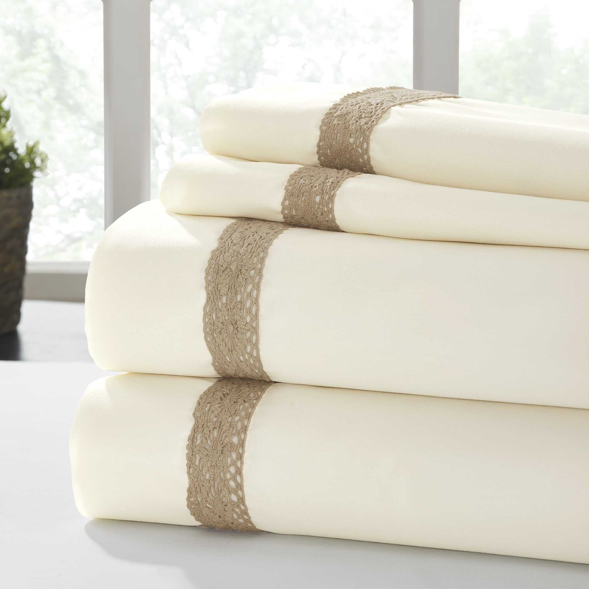 0.2" x 96" x 81" Cotton Cream and Brown  4 Piece Full Size Sheet Set