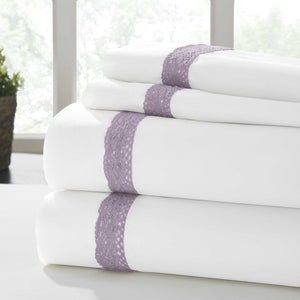 0.2" x 96" x 81" Cotton White and Purple  4 Piece Full Size Sheet Set