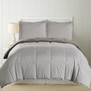 0.2" x 88" x 88" Microfiber Gray  3 Piece Check Print Reversible Queen Comforter Set