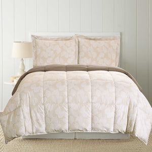 0.2" x 88" x 88" Microfiber Beige  3 Piece Leaves Print Reversible Queen Comforter Set