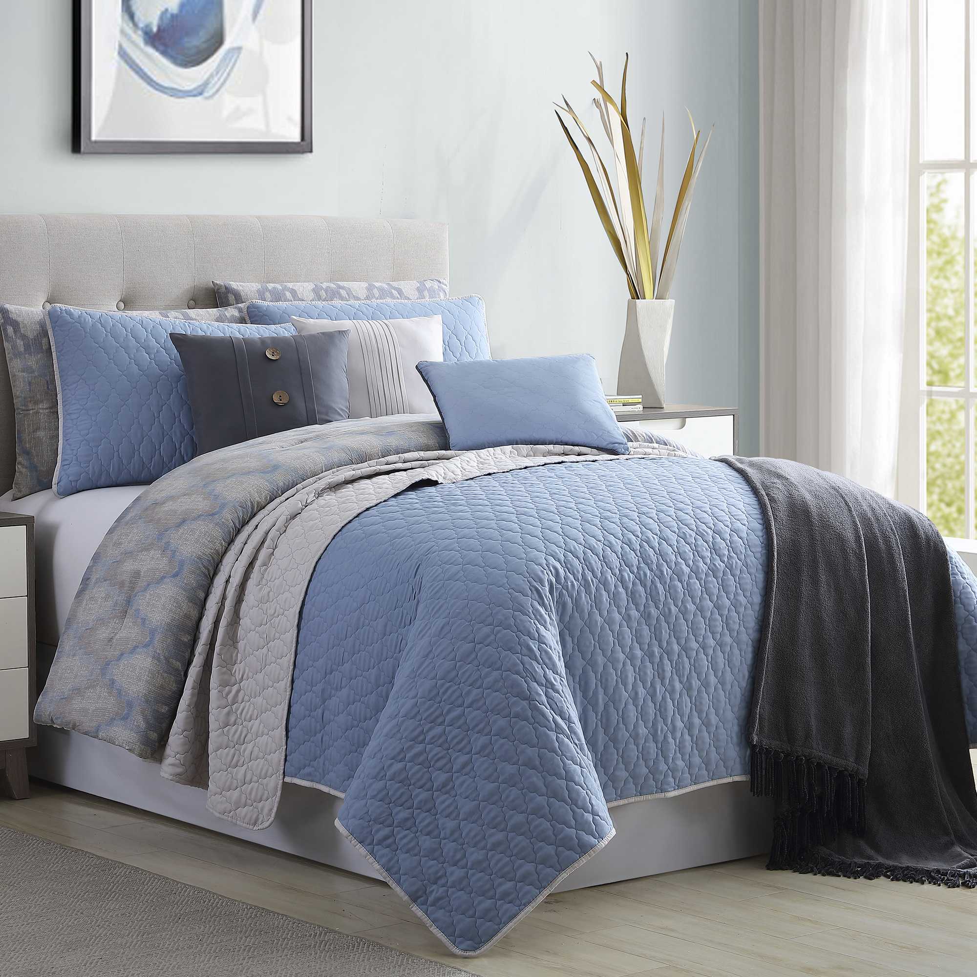 0.2" x 140" x 90" Microfiber Blue and Gray  10 Piece King Size Comforter and Coverlet Set