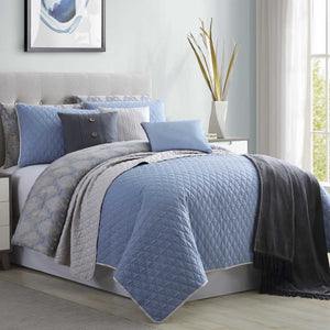 0.2" x 90" x 90" Microfiber Blue and Gray  10 Piece Queen Size Comforter and Coverlet Set