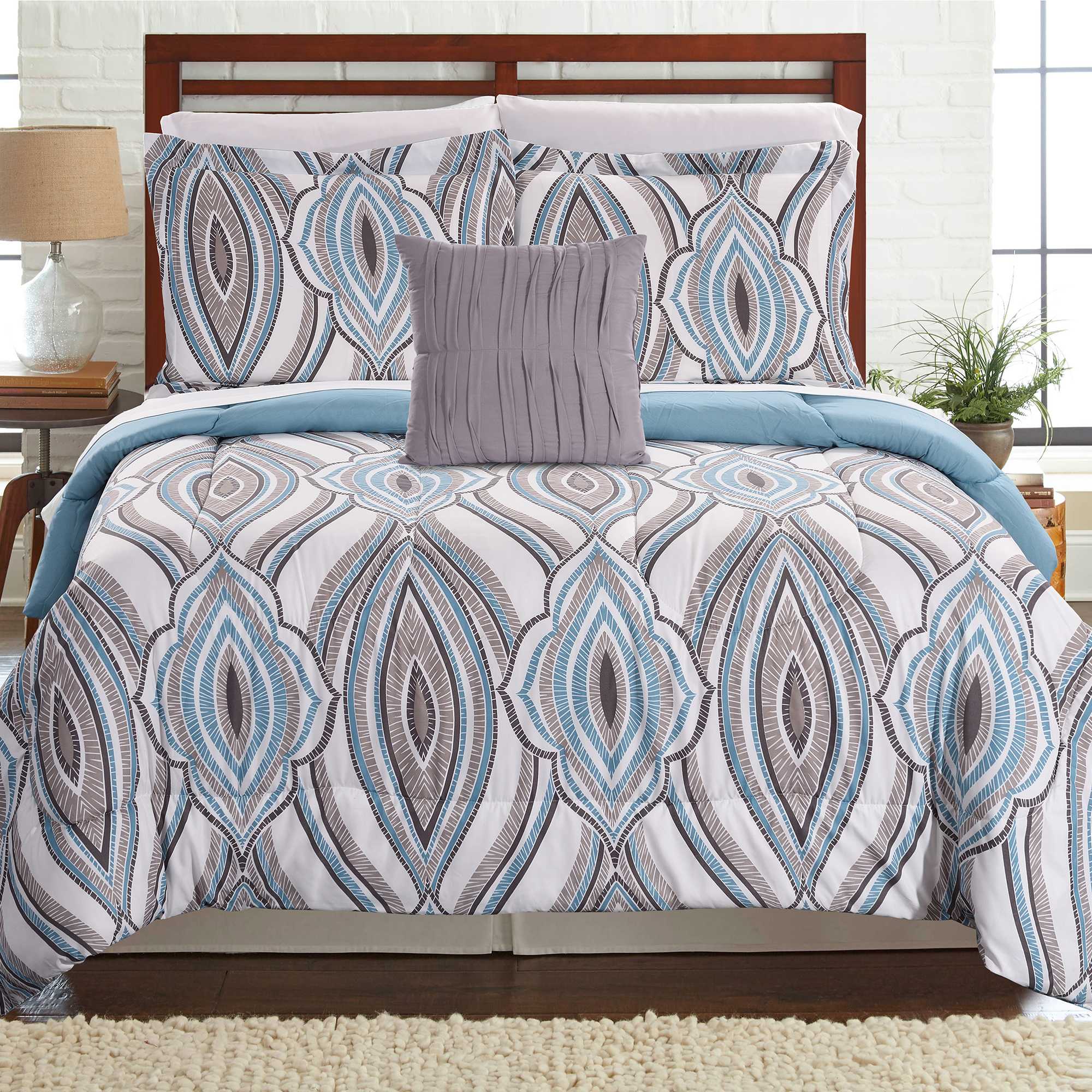 0.2" x 86" x 102" Microfiber Blue and Gray  8 Piece King Size Bed Set