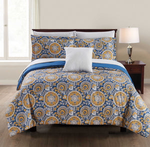 0.2" x 86" x 102" Microfiber Blue and yellow  8 Piece King Size Bed Set