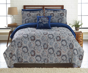 0.2" x 86" x 76" Polyester Gray and Blue  8 Piece Full Size Reversible Comforter Set