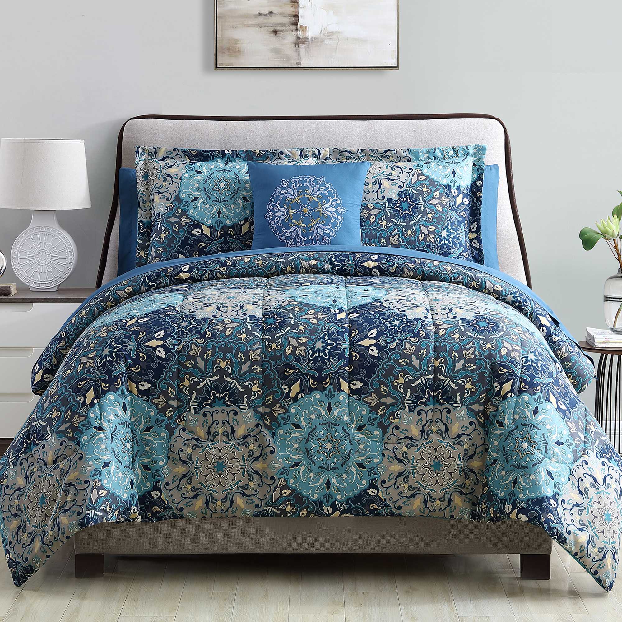 0.2" x 86" x 76" Polyester Blue  8 Piece Full Size Reversible Comforter Set