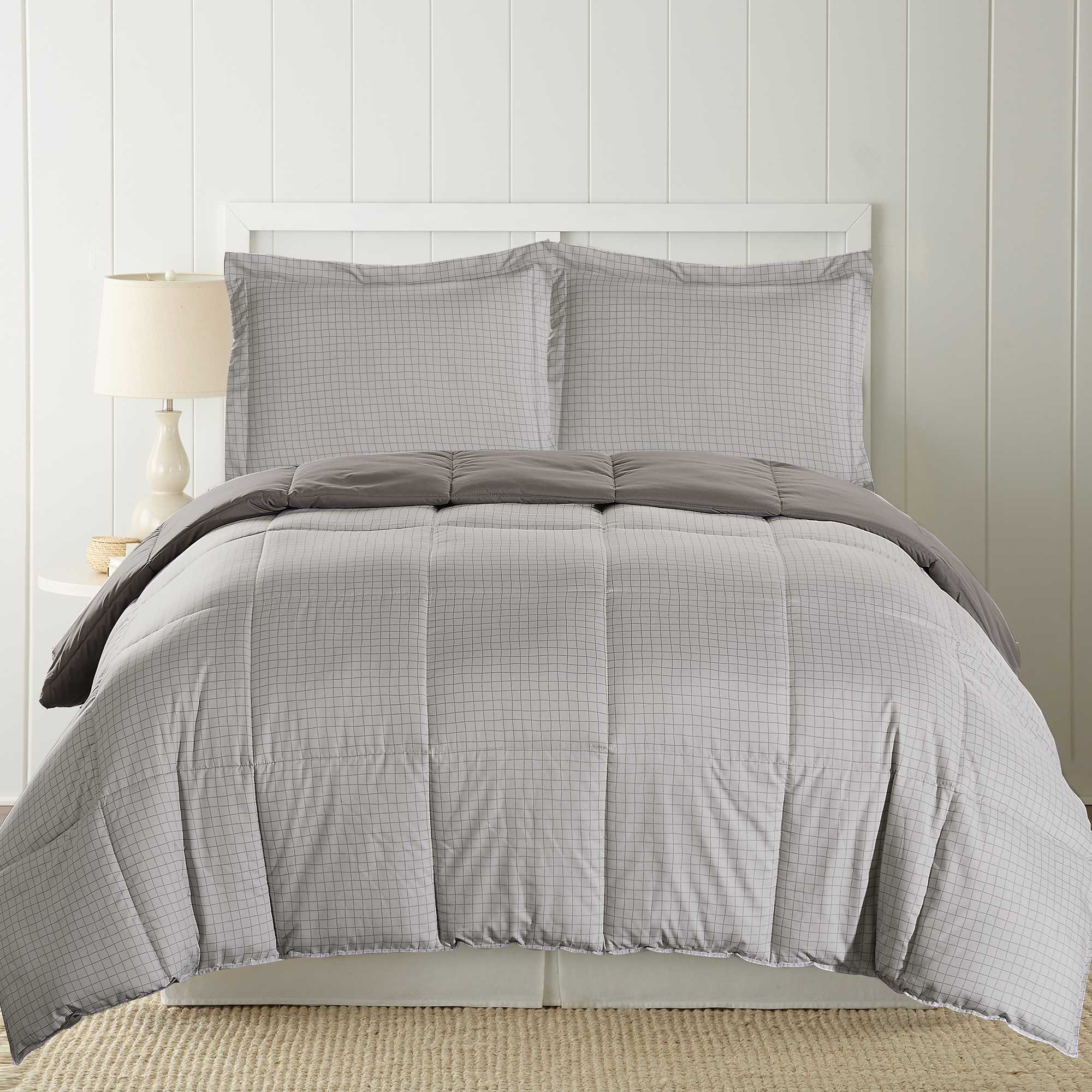 0.2" x 88" x 68" Microfiber Gray  2 Piece Check Print Reversible Twin Comforter Set