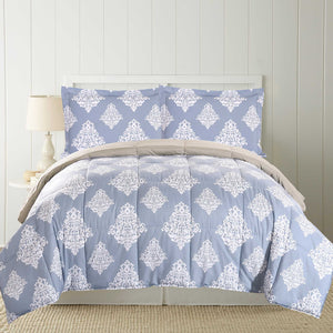 0.2" x 88" x 68" Microfiber Blue and Gray  2 Piece Damask Print Reversible Twin Comforter Set