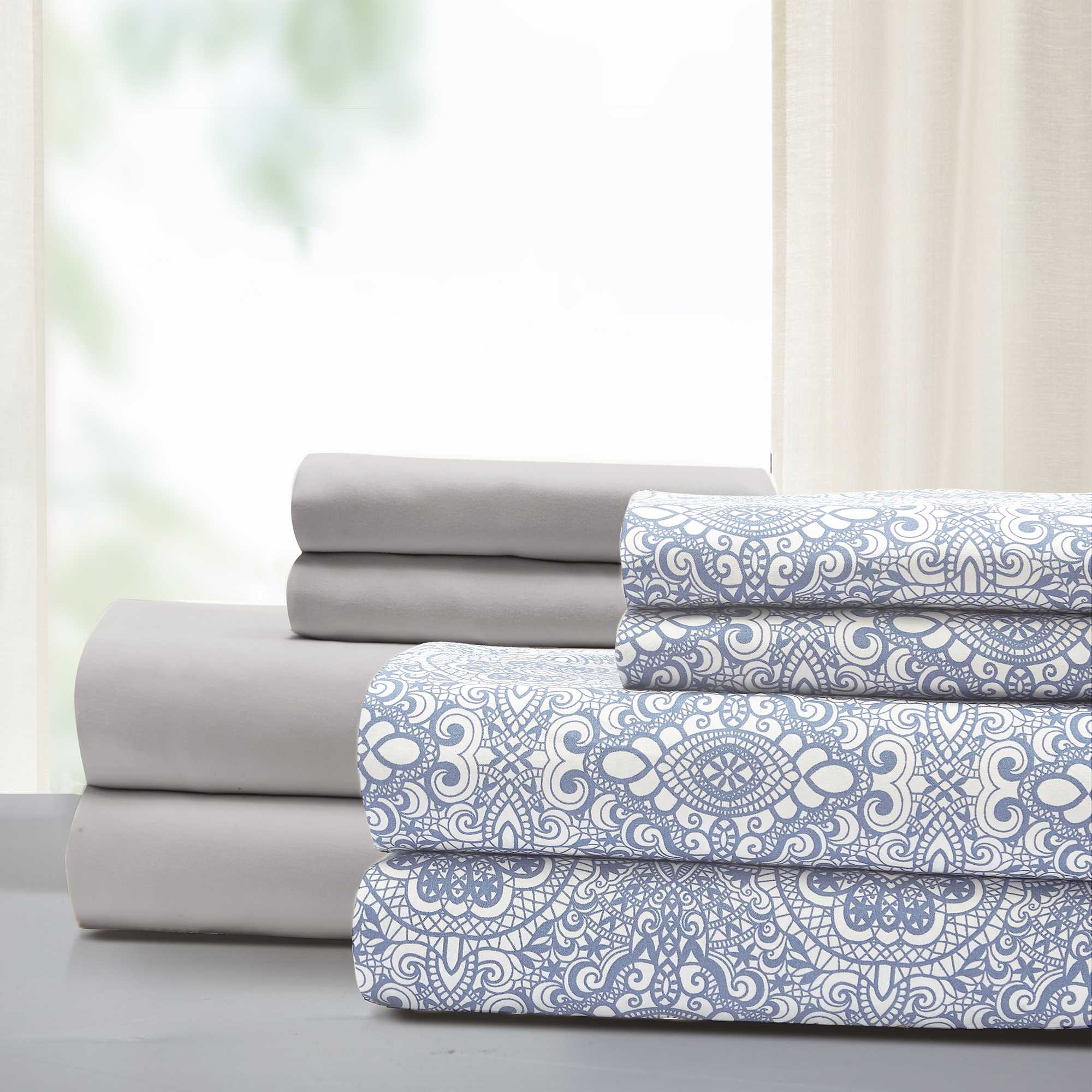 0.2" x 81" x 96" Microfiber Blue and White  8 Piece Full Sheet Set